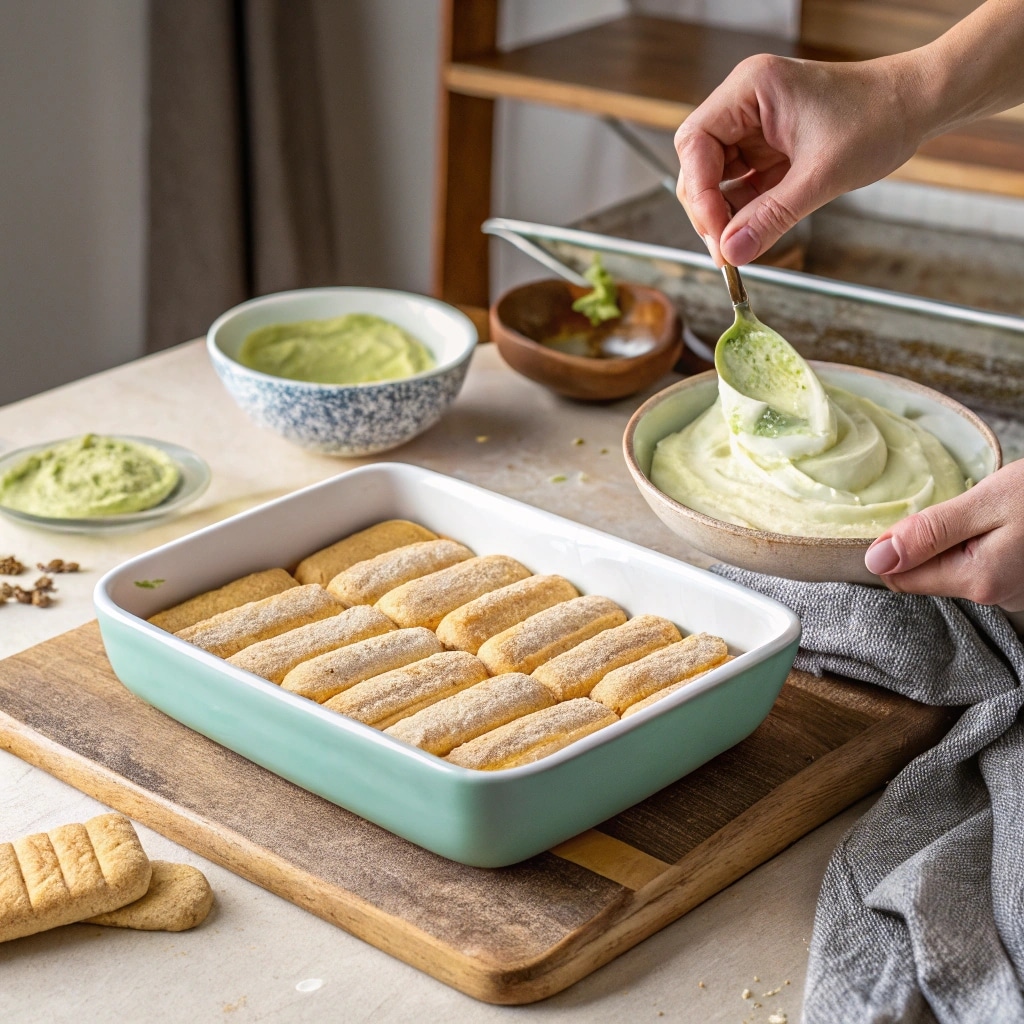 Unlock the Secret to the Ultimate Pistachio Tiramisu: A Decadent No-Bake Delight 9 Assembling pistachio tiramisu