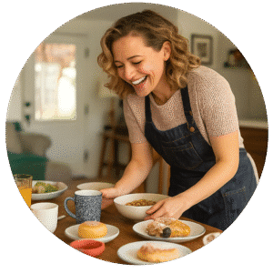 Smiling woman in a denim apron serving breakfast dishes at a table, including oatmeal, pastries, and coffee, in a cozy kitchen setting.