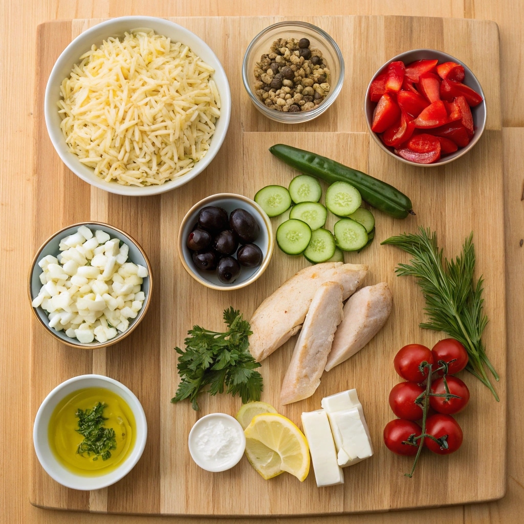 reek Chicken Orzo Salad: A Fresh & Easy Mediterranean Recipe 7 Ingredients for Greek chicken orzo salad on cutting board