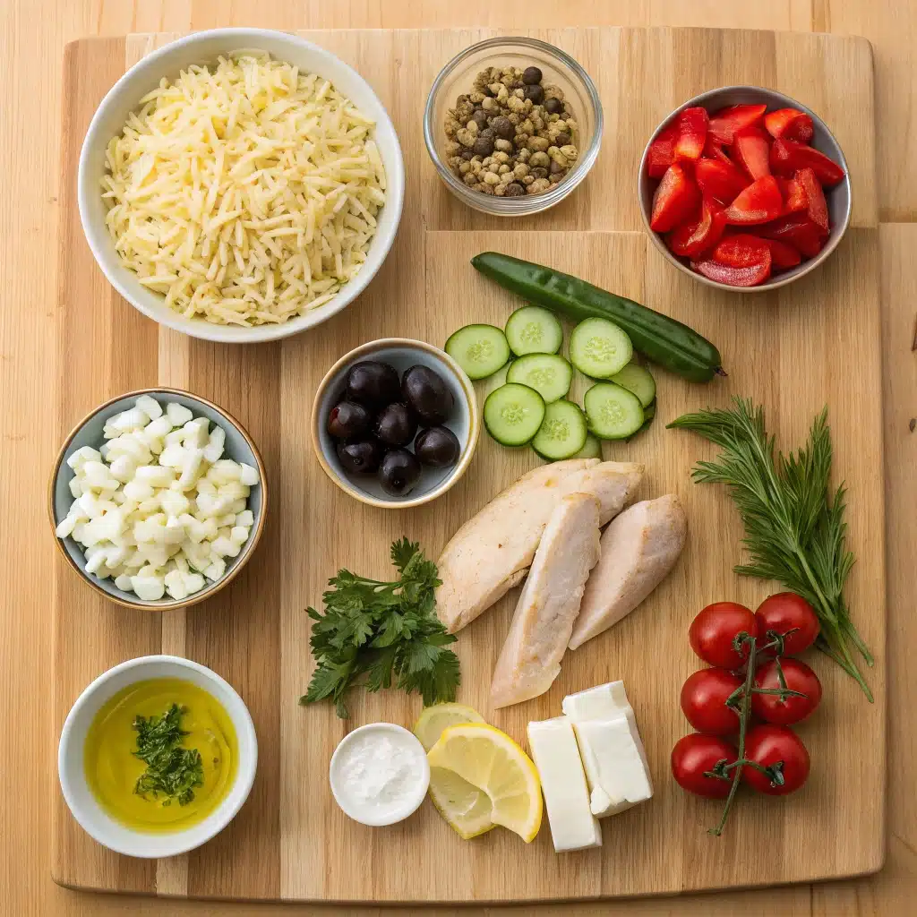reek Chicken Orzo Salad: A Fresh & Easy Mediterranean Recipe 7 Ingredients for Greek chicken orzo salad on cutting board