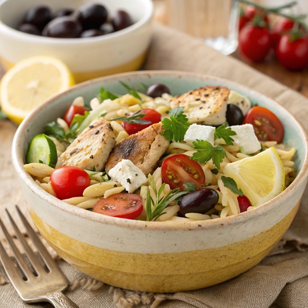 reek Chicken Orzo Salad: A Fresh & Easy Mediterranean Recipe 11 Greek chicken orzo salad served in a white bowl