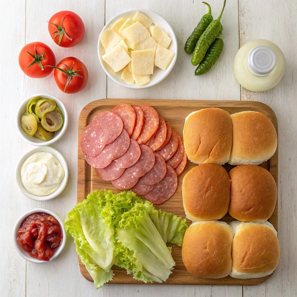 Crave-Worthy Grinder Italian Sliders in a Cheesy, Golden, Flavor Explosion 7 Grinder Italian sliders ingredients spread on kitchen counter