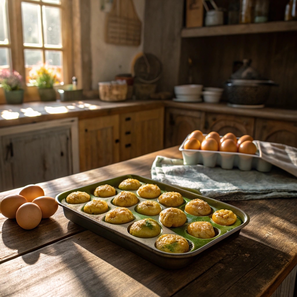 Freshly baked pesto egg bites in a muffin tray