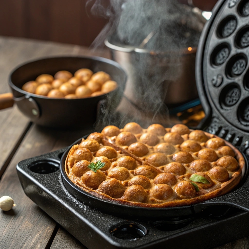 cooking savory bubble waffles in pan