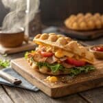 savory bubble waffle sandwich with bacon and cheese