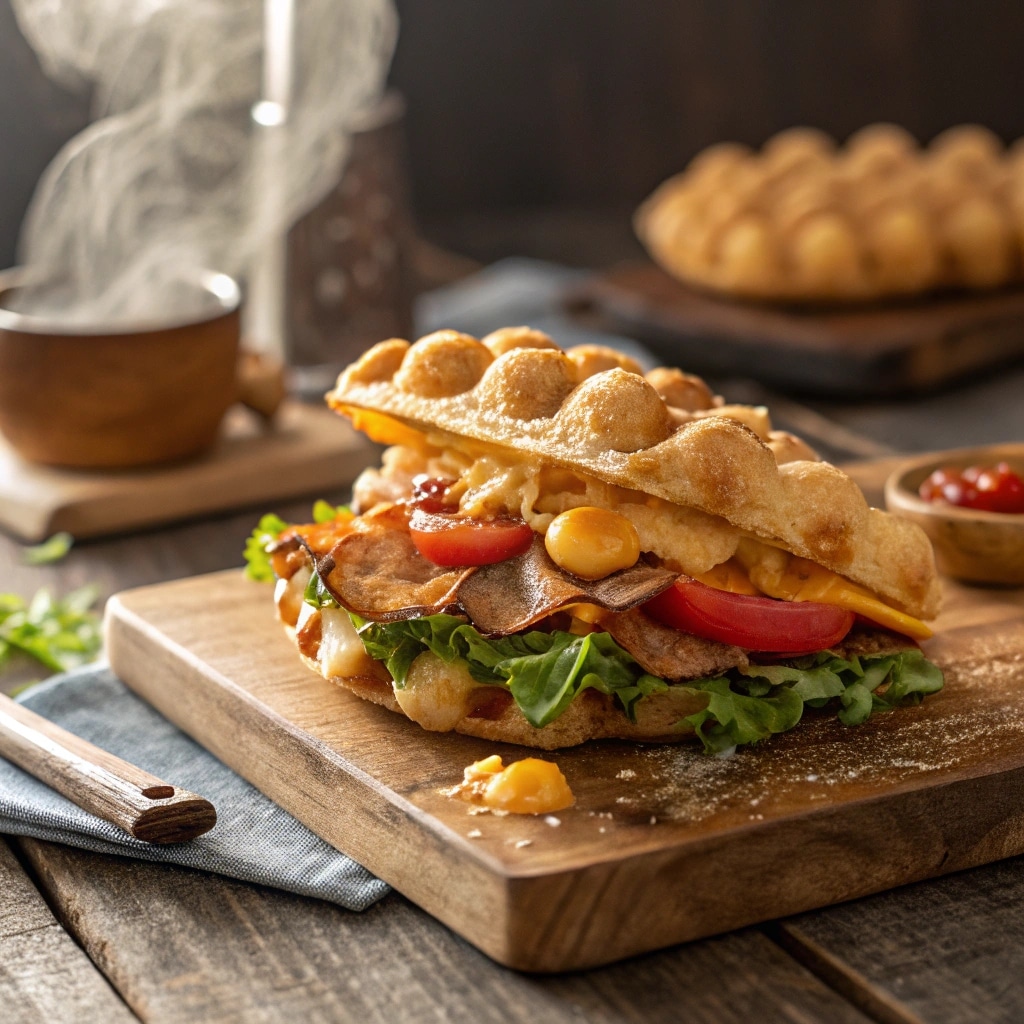 savory bubble waffle sandwich with bacon and cheese