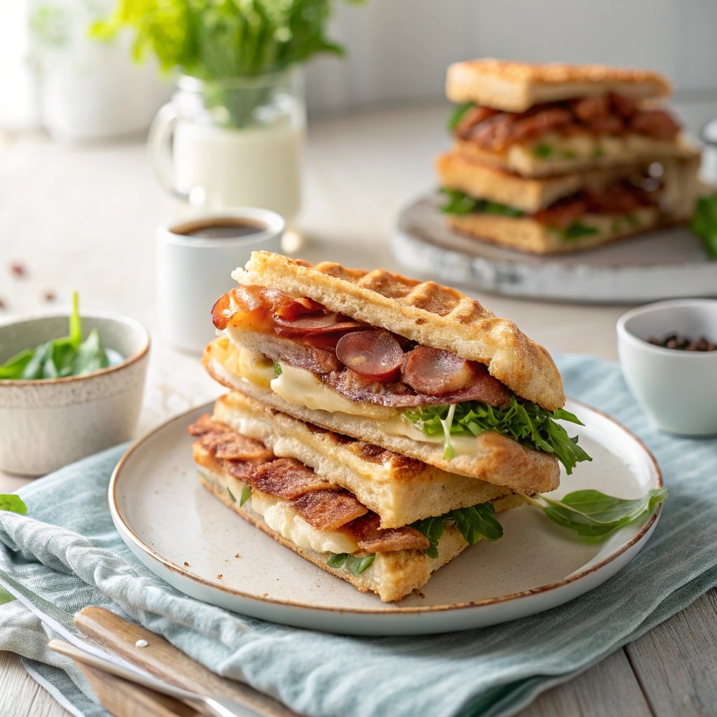 plated savory bubble waffle sandwich quarters