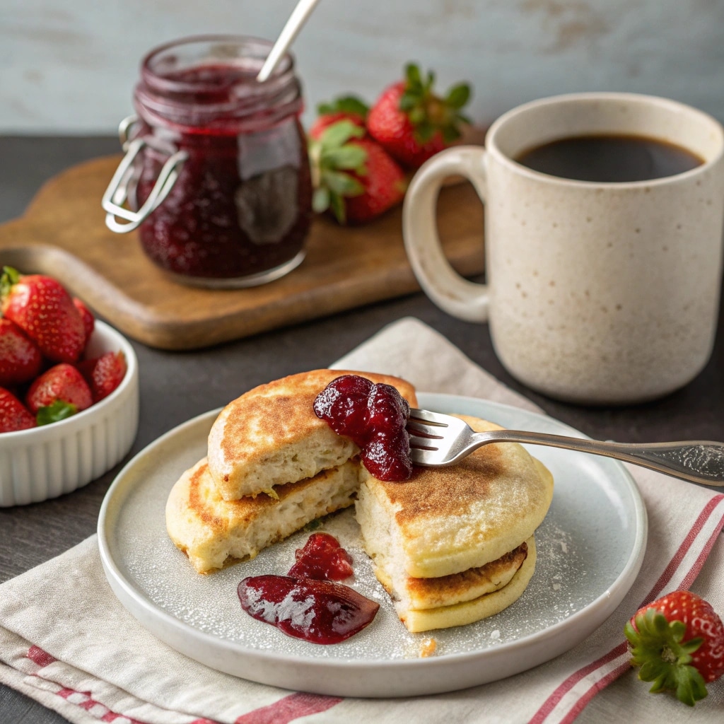 Scrambled Pancakes Recipe served with berry jam
