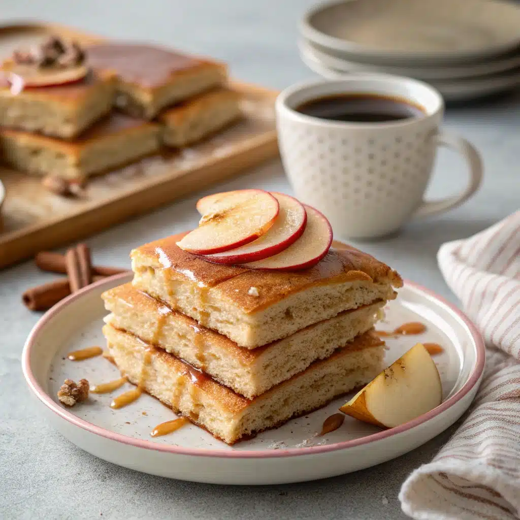 Sheet Pan Sourdough Pancakes: The Cozy, No-Fuss Breakfast You’ll Love 9 Sliced sheet pan sourdough pancakes topped with cinnamon glaze and apple