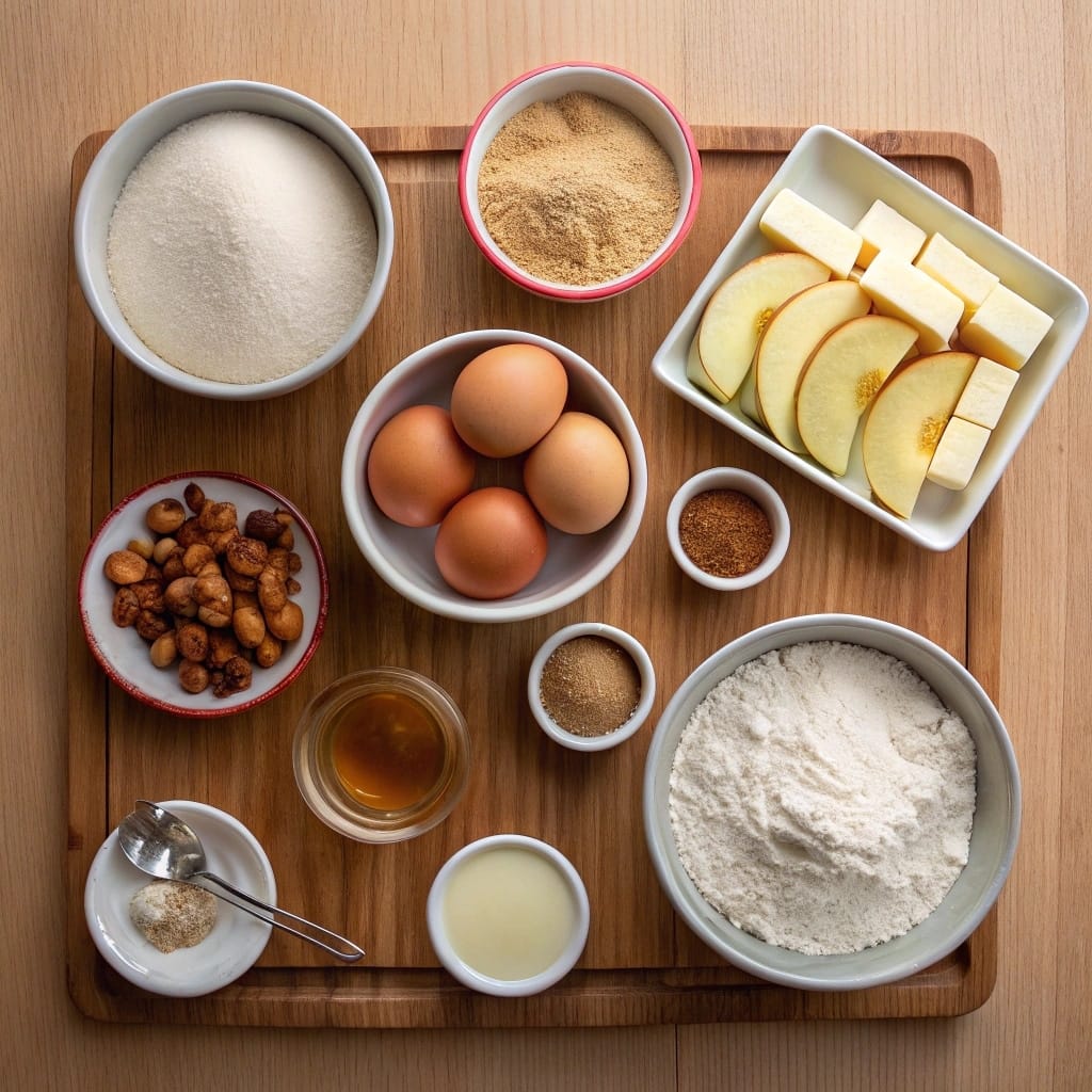 Sheet Pan Sourdough Pancakes: The Cozy, No-Fuss Breakfast You’ll Love 7 Flat lay of sheet pan sourdough pancake ingredients including eggs, flour, discard, cinnamon, and apples