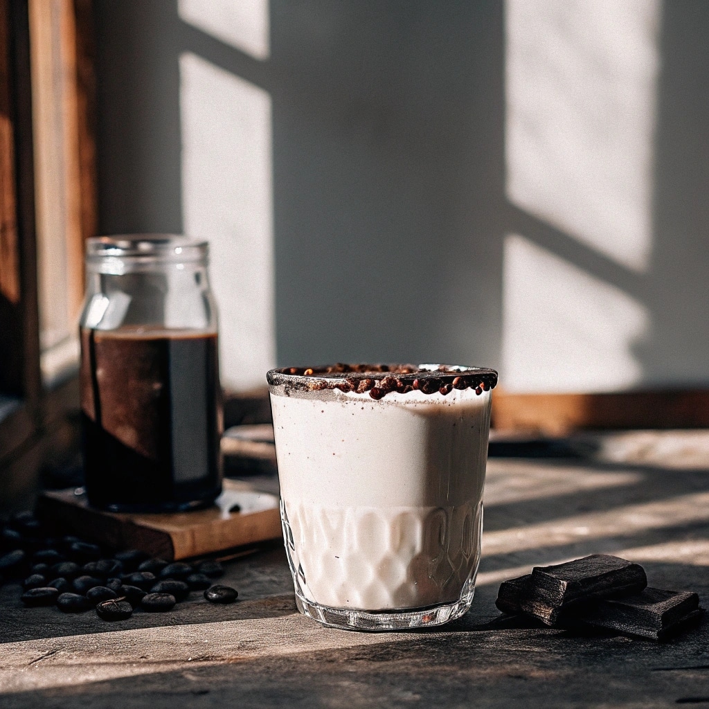 Tahini Iced Coffee in glass with chocolate sesame rim