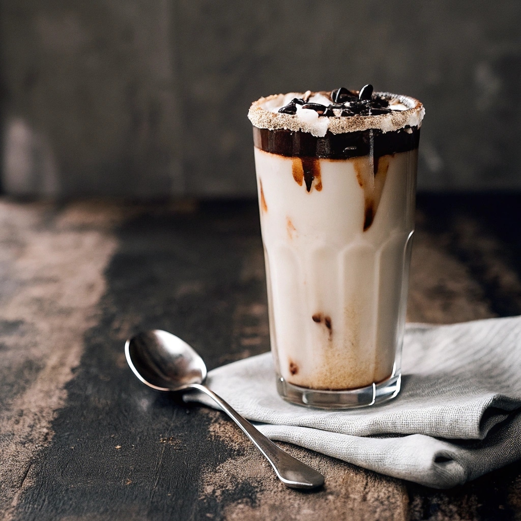 Tahini Iced Coffee: The Ultimate Creamy Coffee Twist You Need Now 11 Tahini iced coffee in glass with chocolate-sesame rim, dark chocolate shavings