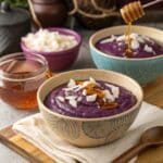 Ube pudding mix served in bowls with coconut