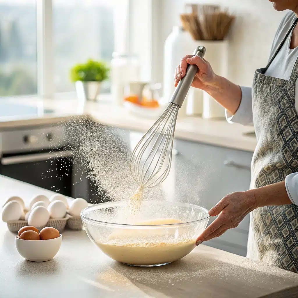 Sheet Pan Sourdough Pancakes: The Cozy, No-Fuss Breakfast You’ll Love 8 Whisking sourdough pancake batter with flour in motion in a kitchen