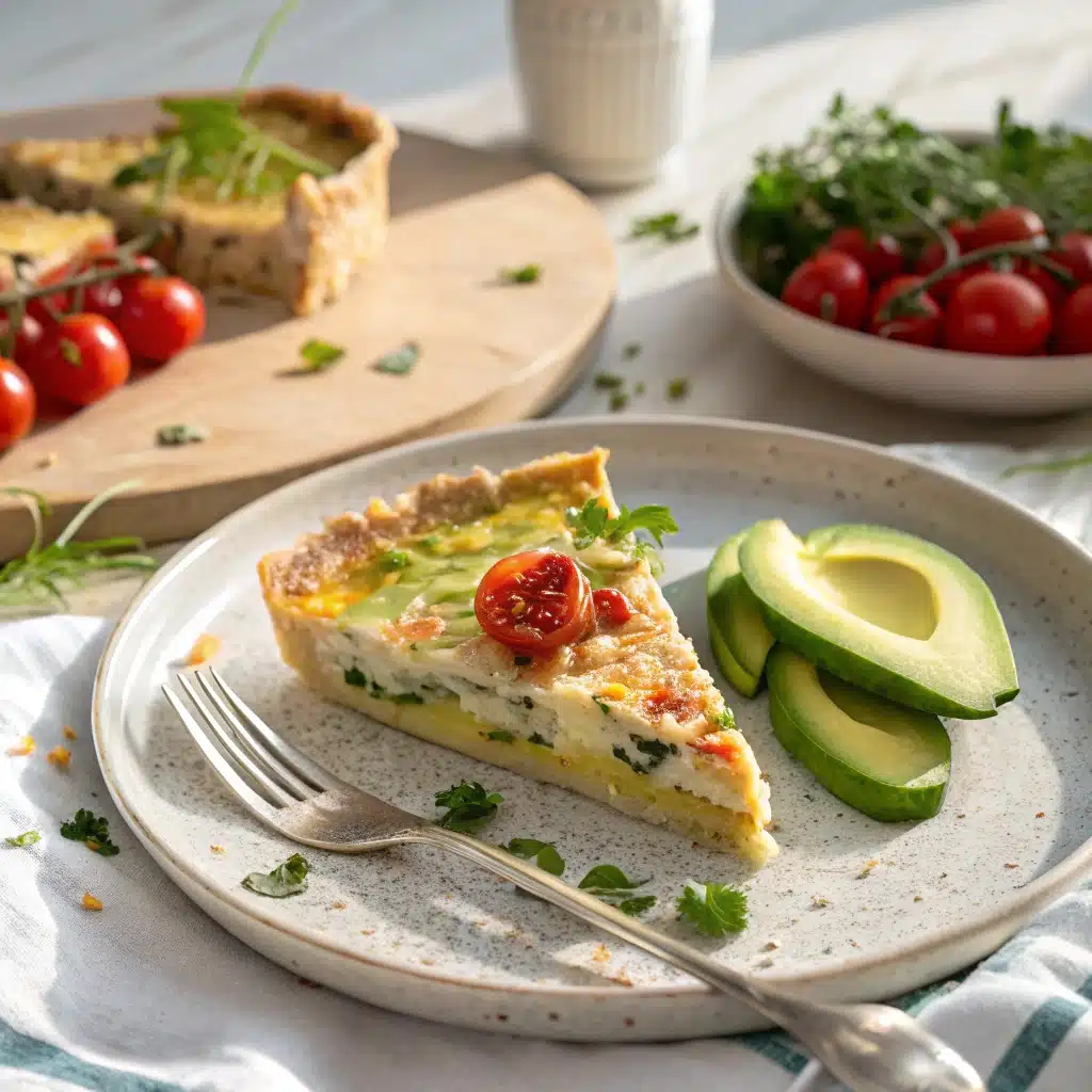Cottage Cheese Egg Tortilla Quiche: A High-Protein Twist on a Classic Breakfast 11 Slice of cottage cheese egg tortilla quiche with avocado and tomatoes