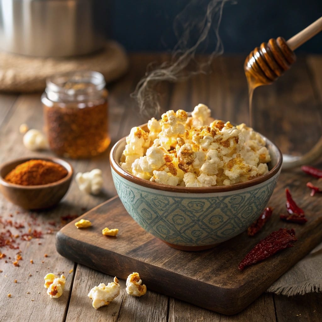 hot honey butter popcorn in rustic bowl