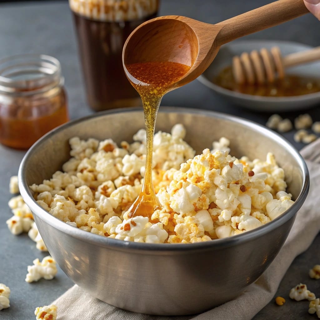 Hot Honey Butter Popcorn Recipe – The Ultimate Sweet & Spicy Snack 8 pouring hot honey butter on popcorn
