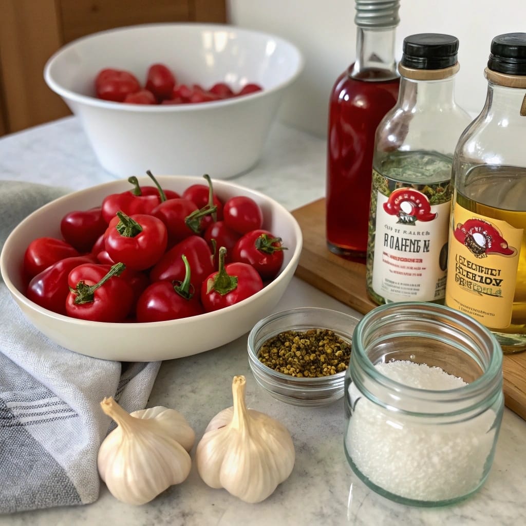 Recipe for Pickled Cherry Peppers – No Sugar, Just Tangy Heat 4 Pickled cherry pepper ingredients on kitchen counter