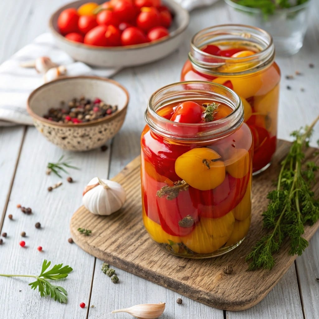 Pickled cherry peppers in jars on rustic table
