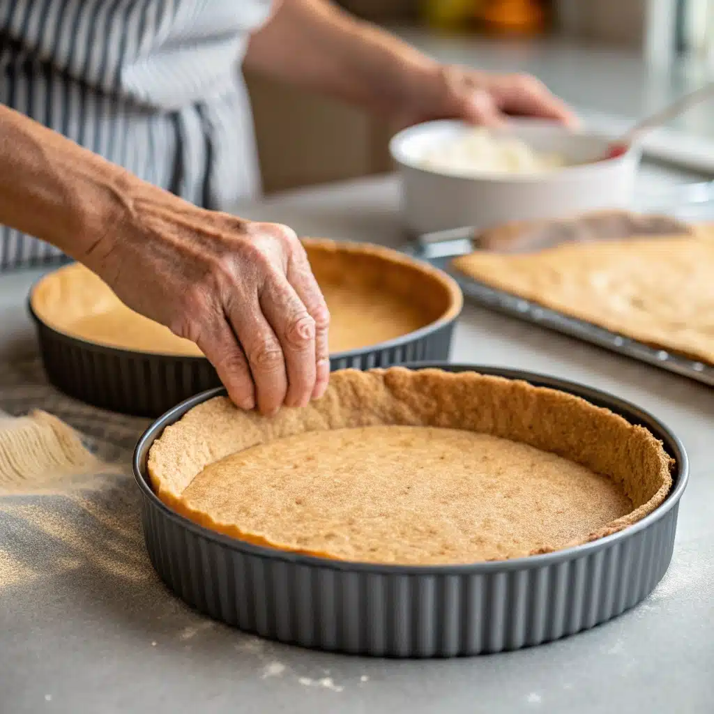 Cottage Cheese Egg Tortilla Quiche: A High-Protein Twist on a Classic Breakfast 9 Pressing tortilla into cake pan for quiche base